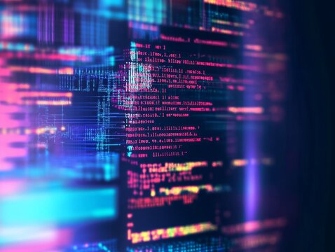 Abstract representation of software development with blurred computer code and screens, highlighting Python programming, AI-inspired visuals, and creativity in technology and data science.