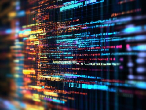 Abstract representation of software development with blurred computer code and screens, highlighting Python programming, AI-inspired visuals, and creativity in technology and data science.