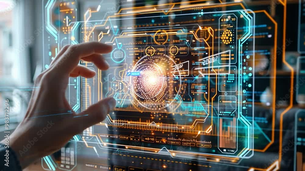 Fototapete A hand reaches out to manipulate a glowing holographic interface filled with intricate graphics and data elements in a sleek, modern workspace setting.
