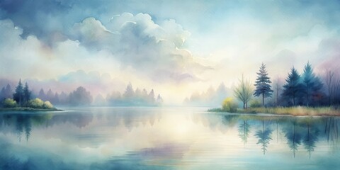 Fototapeta premium Minimalist watercolor of a mystical lake in a cloudy environment with pastel colors , watercolor,lake, mystical, cloudy, pastel