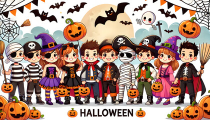 Fototapeta premium ハロウィンコスチュームを着た子供たちの楽しい集まり