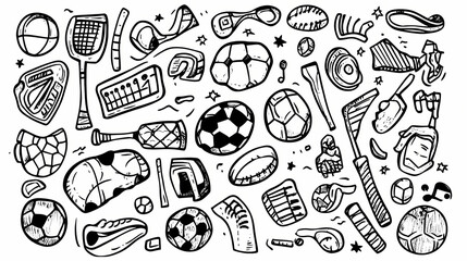 Doodles, vector, line, freehand ink of sports items, line variations. Doodle Art. Illustration