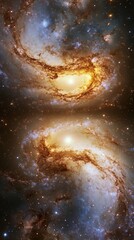 A mesmerizing view of two galaxies colliding, their stars and gas swirling in cosmic chaos