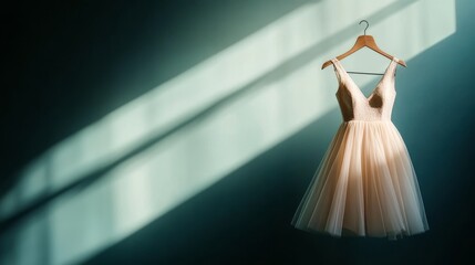 Naklejka premium A delicate tulle dress hangs on a wire hanger, illuminated by soft light streaming through a window. The dress, a symbol of elegance and femininity, evokes feelings of joy and anticipation.