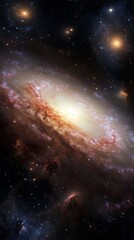 Obraz premium A sprawling view of a distant galaxy with swirling nebulae and glowing stars