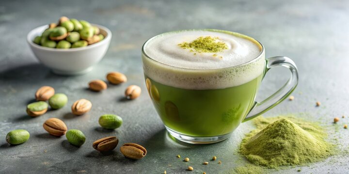 Foamy matcha latte spilling with green tea powder and pistachio nuts , matcha, latte, foam, spill, green tea, powder