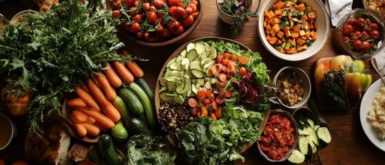 Fototapeta premium Showcase Vegetarian Day with an inviting image of a colorful assortment of fresh vegetables and plant-based dishes, celebrating healthy eating and sustainability