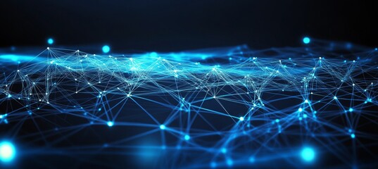 Abstract digital technology background with blue glowing network connections and AI icon on dark backdrop