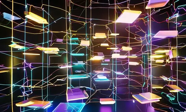 Digital folders and files full of futuristic colorful tags and labels