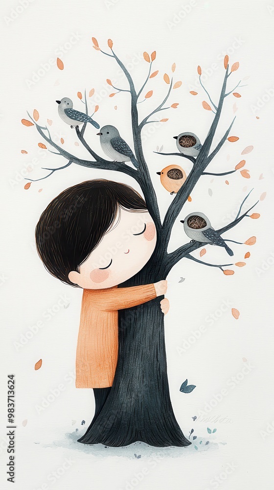 Wall mural Girl Hugging Tree with Birds.