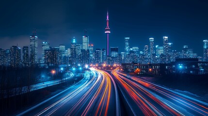 Nighttime Cityscape with Illuminated Highway and Towering Skyscrapers