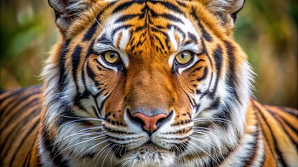 Fototapeta premium Detailed description Close-up of a majestic Bengal tiger head, showcasing its piercing eyes and distinctive stripes