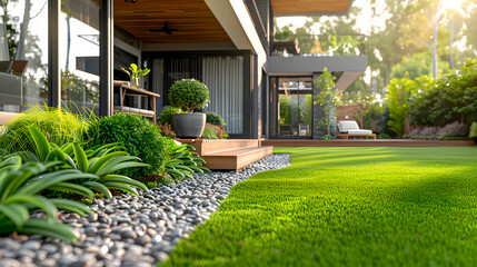 Contemporary Australian home front yard showcasing artificial grass lawn turf with timber edging, perfect for residential building landscapes