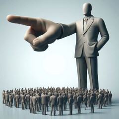 A gigantic figure pointing to the masses, power, and submission.