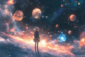 Woman standing on a cloud, looking out at a night sky filled with planets and stars.