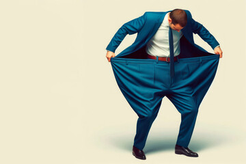 A man in a suit who has too big pants. Space for text.