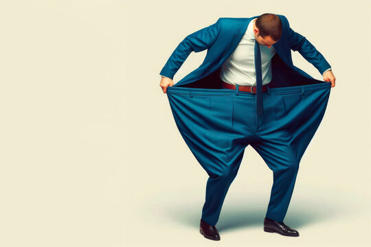 A man in a suit who has too big pants. Space for text.