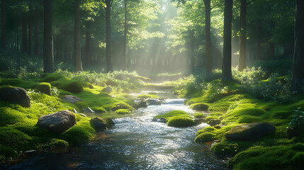 Obraz premium Sun Rays Through Forest Stream 3D Illustration