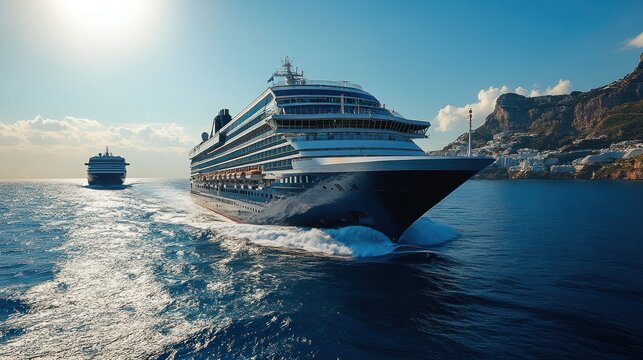 Two cruise ships navigating the blue ocean near a coastal town.