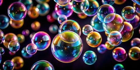 Colorful, soft focus magical bubbles floating on a dreamy black background, magical, fantasy, colorful, bubbles, dreamy