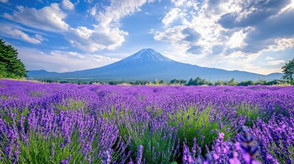 Lavender Field with Majestic Mountain View