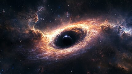 A vast galactic horizon with a black hole at its center, pulling in light and matter