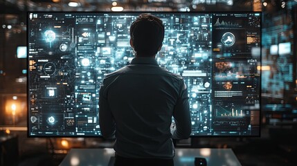 Man Standing in Front of a Large Screen Displaying Complex Data