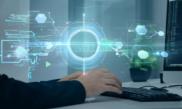 A software programmer works with computers with holographic projections, data streams and AI algorithms
