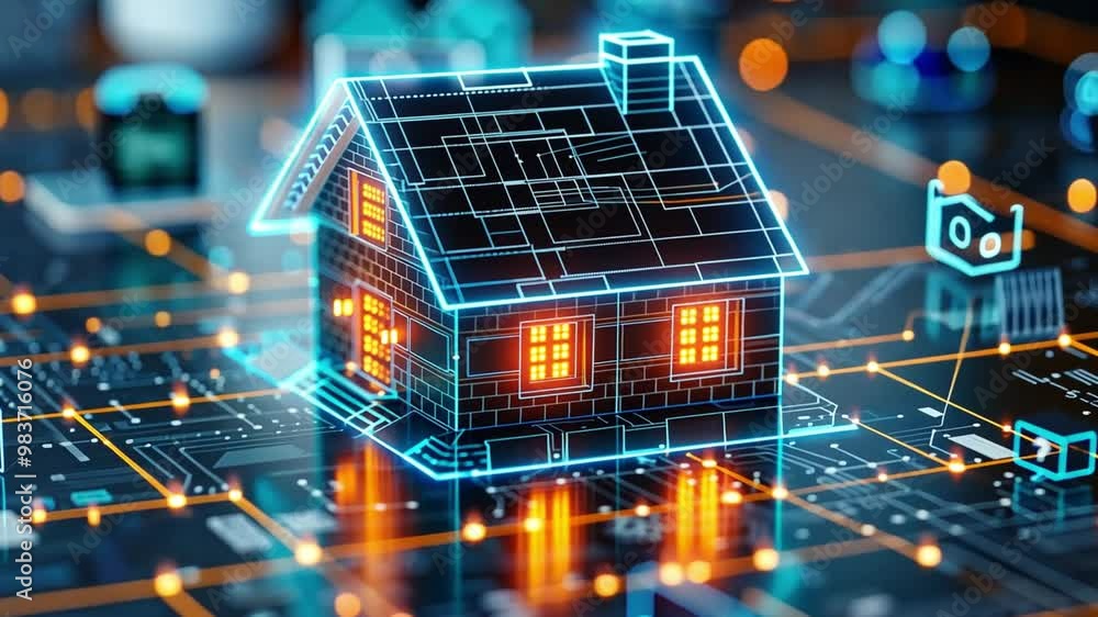 Fototapete A 3D model of a house sits at the center of a networked environment, glowing with orange lights and surrounded by various digital icons, illustrating advanced smart home integration.