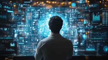 Man Observing a Wall of Data and Charts