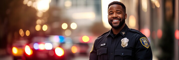 A friendly African-American police officer smiles confidently while on duty in a city setting, representing law enforcement, community service, safety, and professionalism.