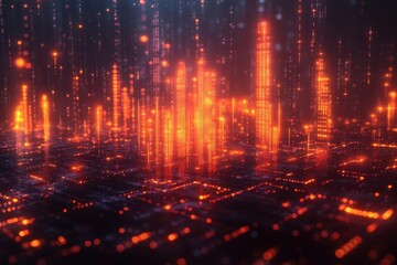 Fototapeta premium abstract financial concept illustrating investment growth with glowing graphs and charts rising from a digital landscape of binary code and circuit patterns