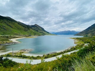 Beautiful scenic spot at the Lake Hawea Lookout, Wanaka , New Zealand. Lake and mountains