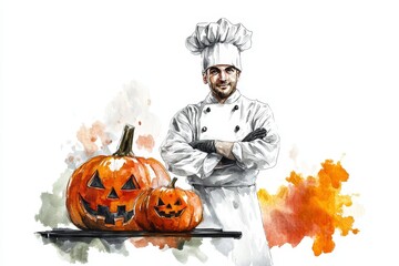 A friendly chef in a white uniform and chef's hat smiles with crossed arms, standing in front of two jack-o-lantern pumpkins. Perfect for autumn, Halloween, and food-related themes.