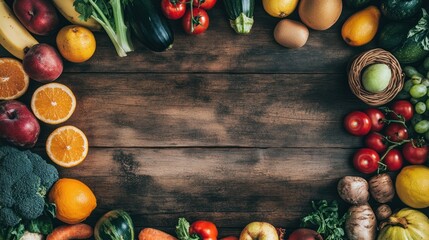 Fresh Produce Border On Rustic Wood
