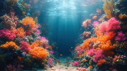 Fototapeta premium Vibrant underwater scene with colorful coral reefs and fish.
