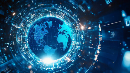 Fototapeta premium A glowing digital representation of Earth surrounded by vibrant blue circuits and data streams