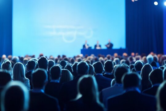 Large crowd gathered in front of a conference stage with speakers, set against a blurred blue background, capturing the event atmosphere.