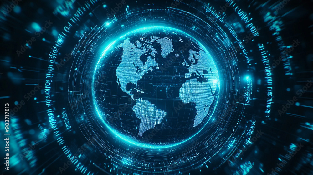 Poster a glowing digital globe surrounded by data streams in a futuristic display of global connectivity