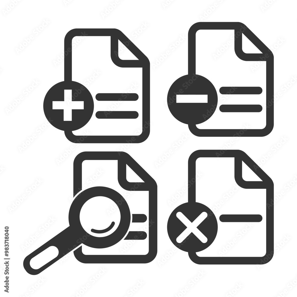 Poster Document Management Icons for File Organization and Operations. Set of document management icons representing file organization, editing, and operations for digital usage and interface design.