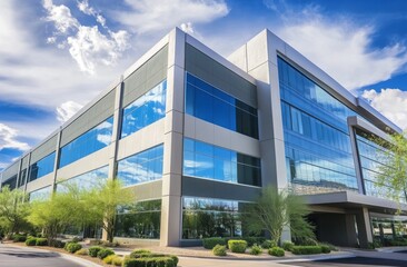 Obraz premium Modern office building in Scottsdale, California with gray and blue exterior, large windows, surrounding greenery, trees, and bright sunny sky with white clouds.