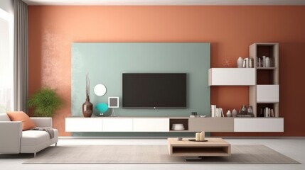 A living room with a large flat screen TV and a couch