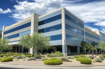 Modern office building in Scottsdale, California with gray and blue exterior, large windows, surrounding greenery, trees, and bright sunny sky with white clouds.