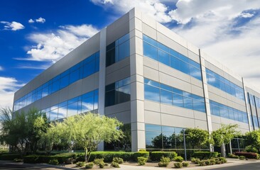 Modern office building in Scottsdale, California with gray and blue exterior, large windows, surrounding greenery, trees, and bright sunny sky with white clouds.