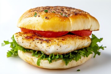 A juicy, grilled fish sandwich on a soft bun, topped with fresh tomato slices and crisp lettuce. A perfect summer meal or snack.