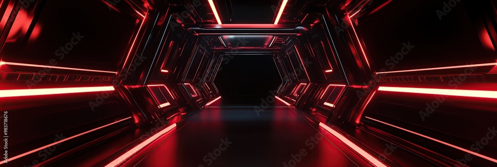 Poster 3d rendering of a black and red sci-fi background with an empty square room in the center