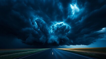 A large storm cloud looms over a road, creating a dramatic and ominous scene. The dark clouds represent danger, uncertainty, and the unknown, while the road symbolizes the path ahead. This image evoke