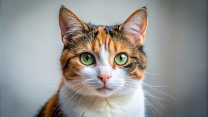 Obraz premium Close up of a cute calico cat staring into the camera, feline, whiskers, eyes, fur, close-up, pet, animal, domestic