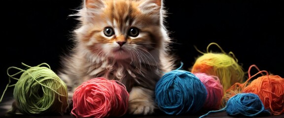 A fluffy kitten sits adorably among bright, colorful yarn balls. The kitten's innocent eyes and the vibrant yarn create a playful and heartwarming scene, perfect for capturing the essence of youthful