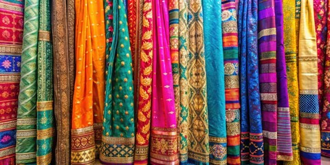 Assorted colorful traditional sari fabrics hanging on display, sari, fabric, texture, Indian, clothing, colors, vibrant